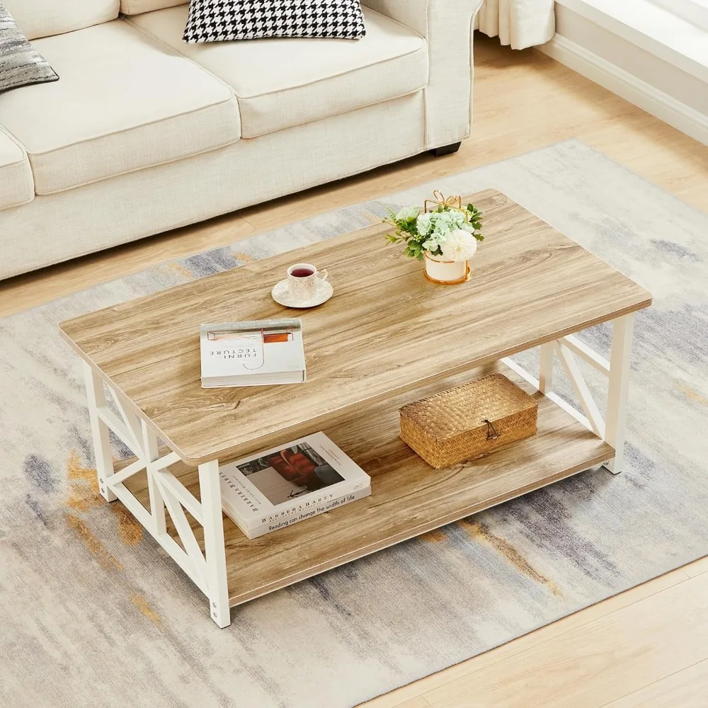 Coffee Table with Round Corner, Farmhouse Center Table with 2-Tier Storage Shelf X-Frame Design for Living Room, 39 inch Oak