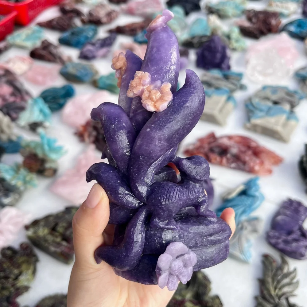 Natural Purple Mica Nine-Tailed Fox Crystal Animal Figurine Small Flower Carving Healing Stone Desktop Ornament
