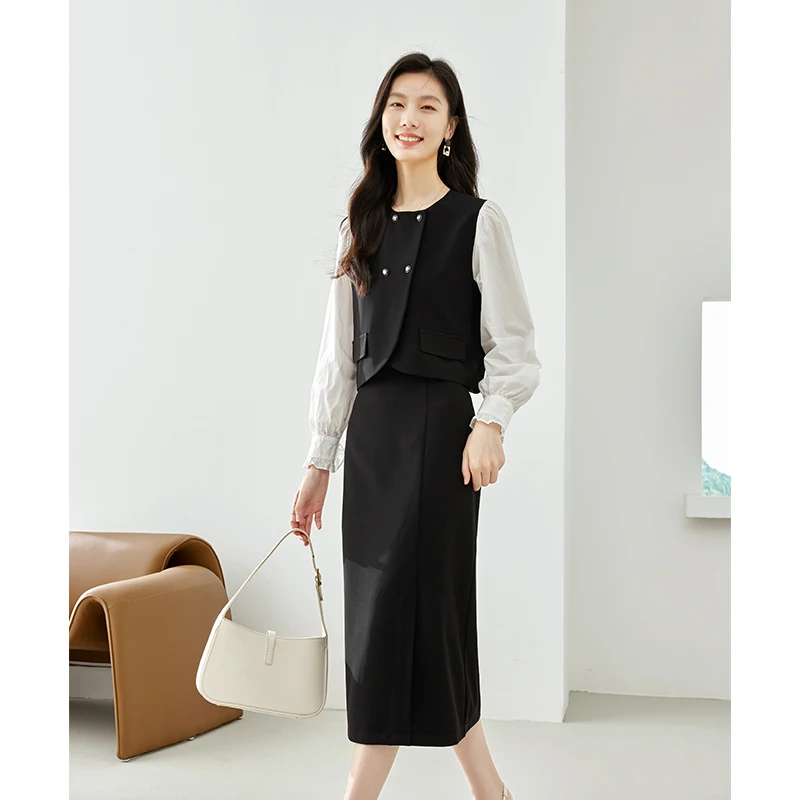 Vimly Business Casual Skirt Sets for Women 2 Piece Outfits 2023 Autumn Elegant Patchwork Cotton Sleeve Short Jackets Midi Skirts