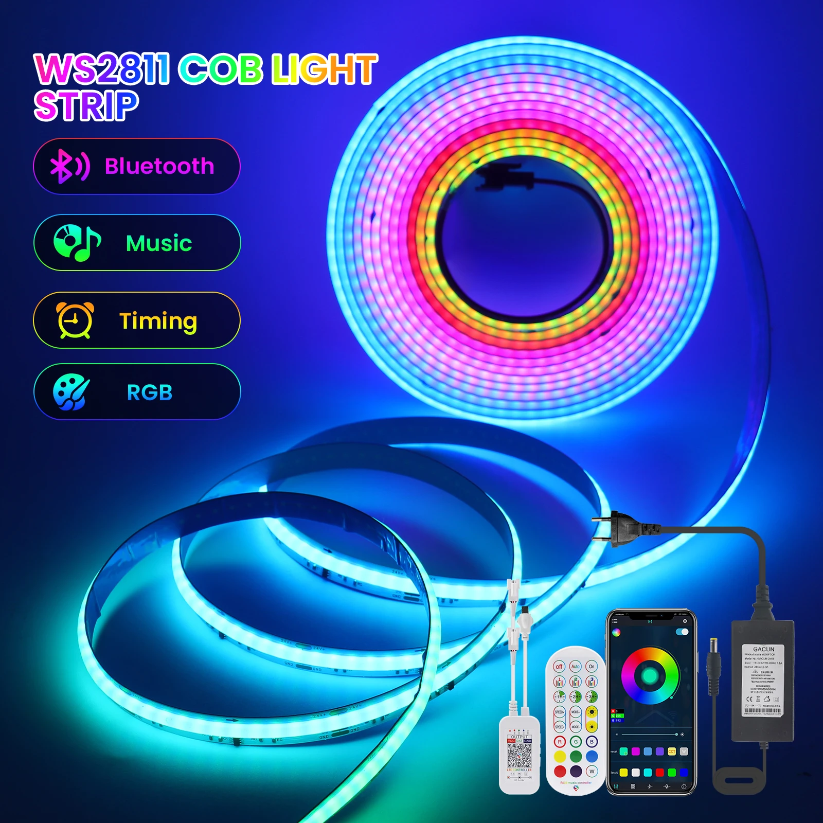 12V 24V RGB COB LED Strip WiFi Bluetooth APP Control 576LEDs/m WS2811 Full Color Flexible Tape TV BackLight for Party Room Decor