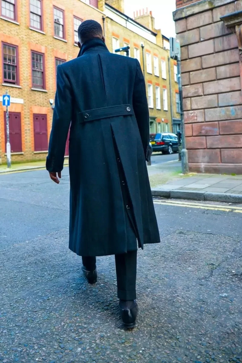 Traje azul para hombre, de lana gruesa abrigo largo hecha a medida, chaqueta Formal de doble botonadura para oficina y negocios, traje de invierno