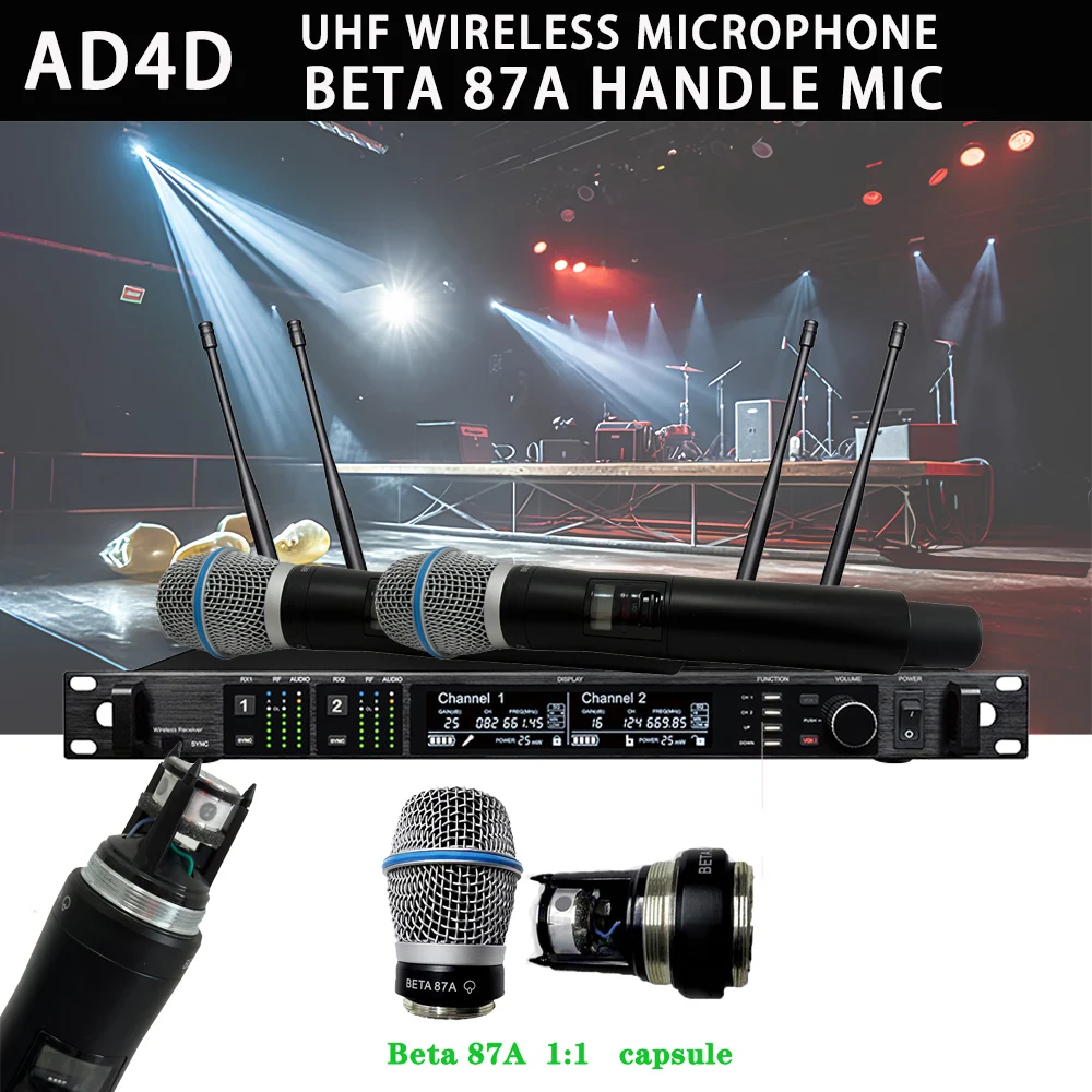ميكروفون لاسلكي طراز AD4D احترافي رقمي حقيقي متعدد القنوات ثنائي القناة 512 ميجاهرتز/640 ميجاهرتز/925 ميجاهرتز BETA87A