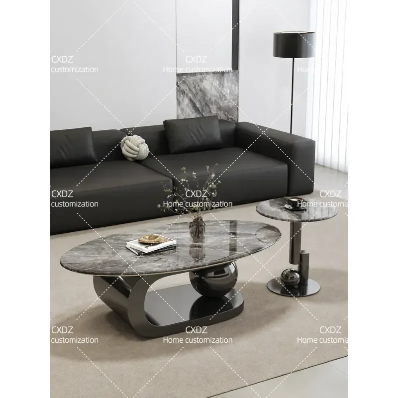 Italian Style Brown Crystalline Stone Coffee Table Set Modern Minimalist Oval Living Room Table High End Luxury Home