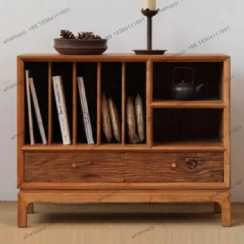 Wabi Sandy Wind Full Solid Wood Dining Side Cabinet Retro Elm Medieval Decorative Storage Short Tea Side Cabinet
