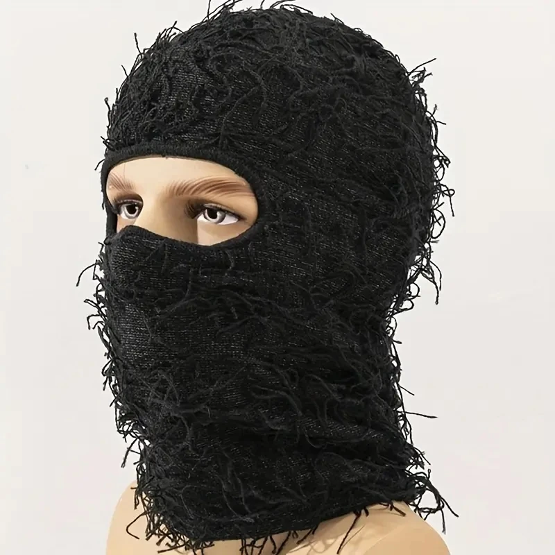 Hip Hop Balaclava Distressed Tassel Ski Mask Unisex Y2K Windproof Neck Warmer For Men & Women Outdoor Cycling Knit Hat