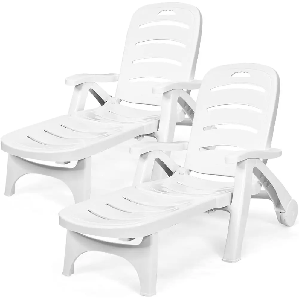 

5-Position Adjustable Recliner Chair with Wheels, Weather-Resistant for Outdoor Use - White (2-Pack)