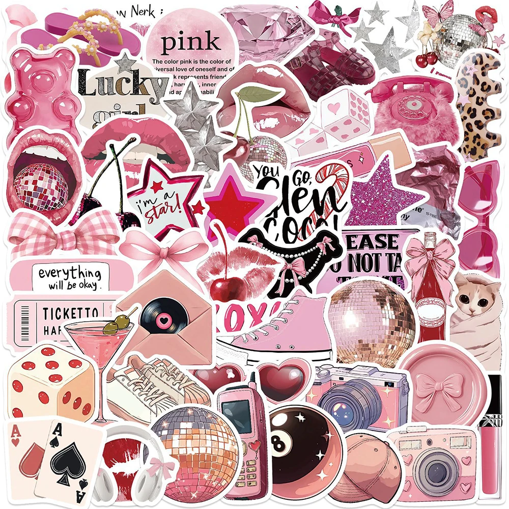 10/30/50 Stück Niedliche Rosa Cartoon Downtown Y2K Aufkleber Lucky Girl Ästhetische Abziehbilder DIY Scrapbook Laptop Koffer Coole Sticker-Packs