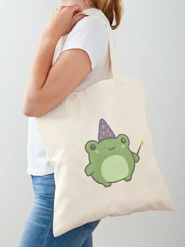 Chubby Frog Wizard: Cottagecore Kawaii Toad with Magic Wand, Purple Cap, Ideal Fantasy Gift for Teens and Kids Tote Bag