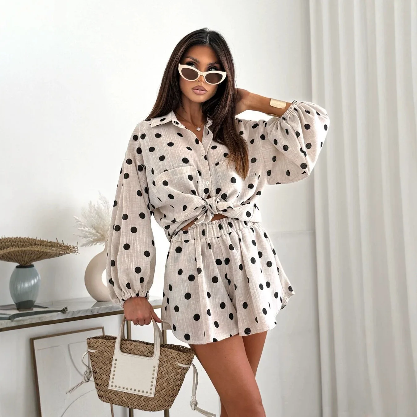 Spring Summer New Cotton Two Piece Short Set Shirt Set Striped Long Sleeve Shirt Fashion Casual Lace Short Shorts