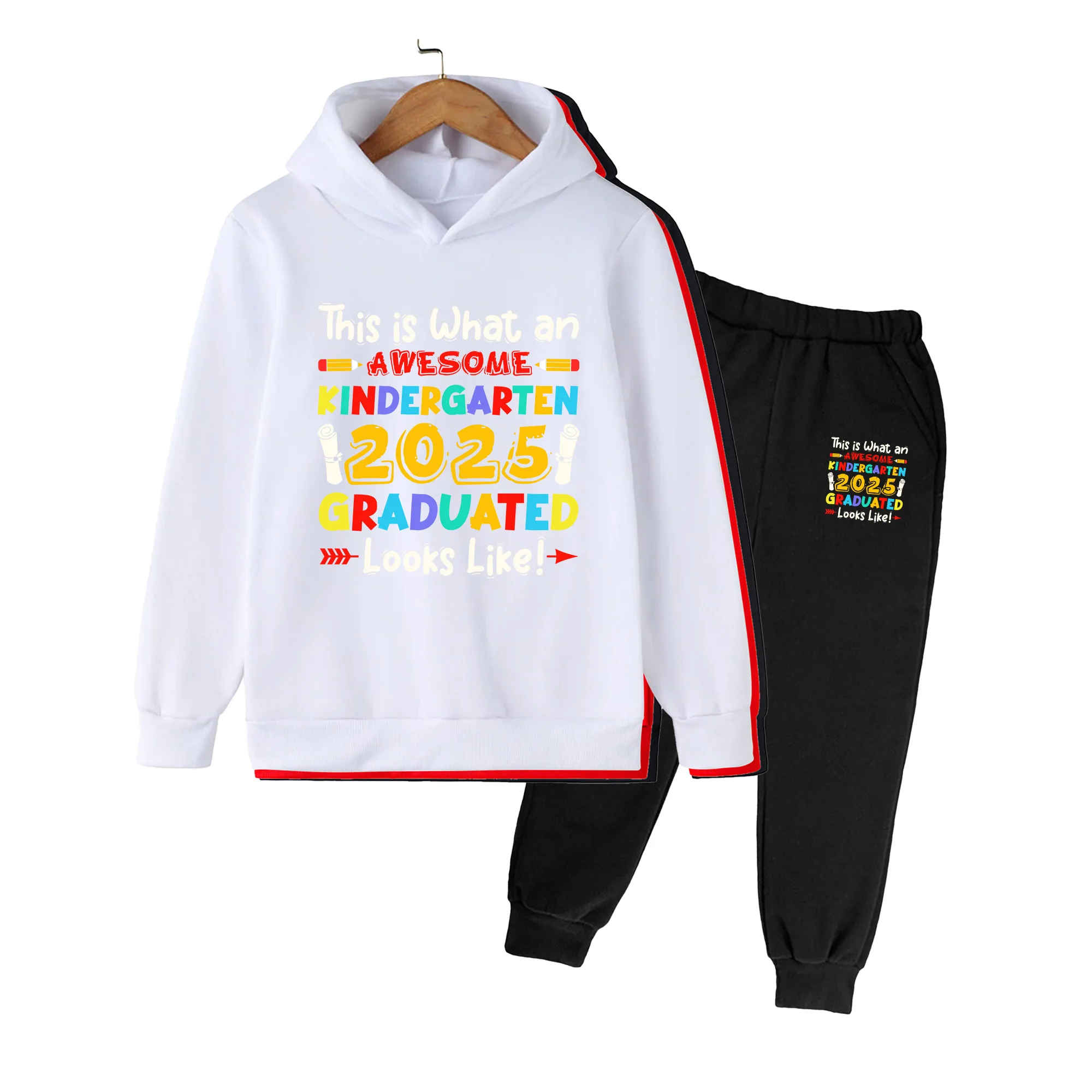 Kids Hoodie & Pants Set, Colorful 2025 Kindergarten Graduate Print, Casual Outfit for Boys Girls Graduation