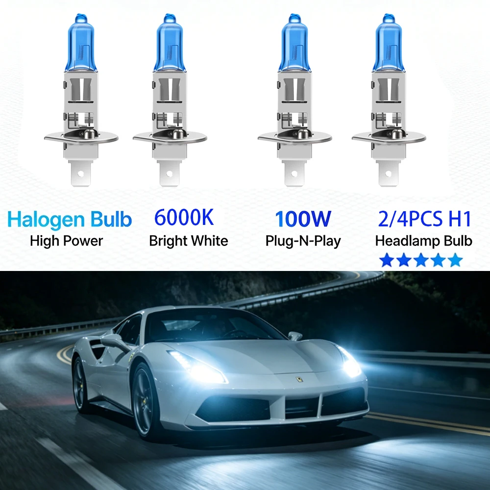

2/4Pcs H1 100W Car Halogen Headlights Bulbs 12V Super Bright Fog Lights 30000LM 6000K White Car Lights 1:1 Mini Size Easy to Fit