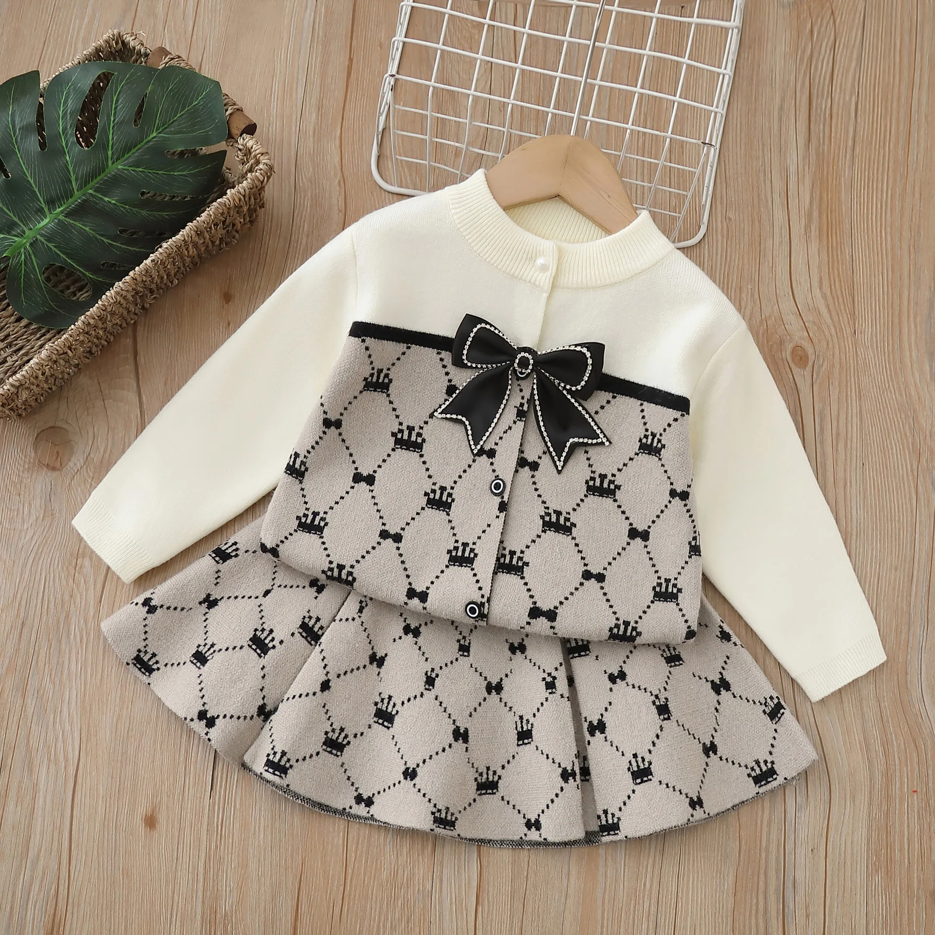 Girl Suits Matching Clothes Set Argyle Knit Cardigan Sweater & Pleated Skirt Bow Preppy Outfit Fall Winter Kids School Clothes