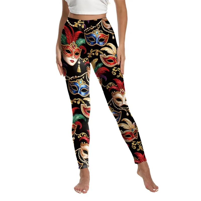 Women Mardi Gras Mask Print High Waist Leggings Purple Green Gold Stretch Elastic Carnival Party Skinny Pants