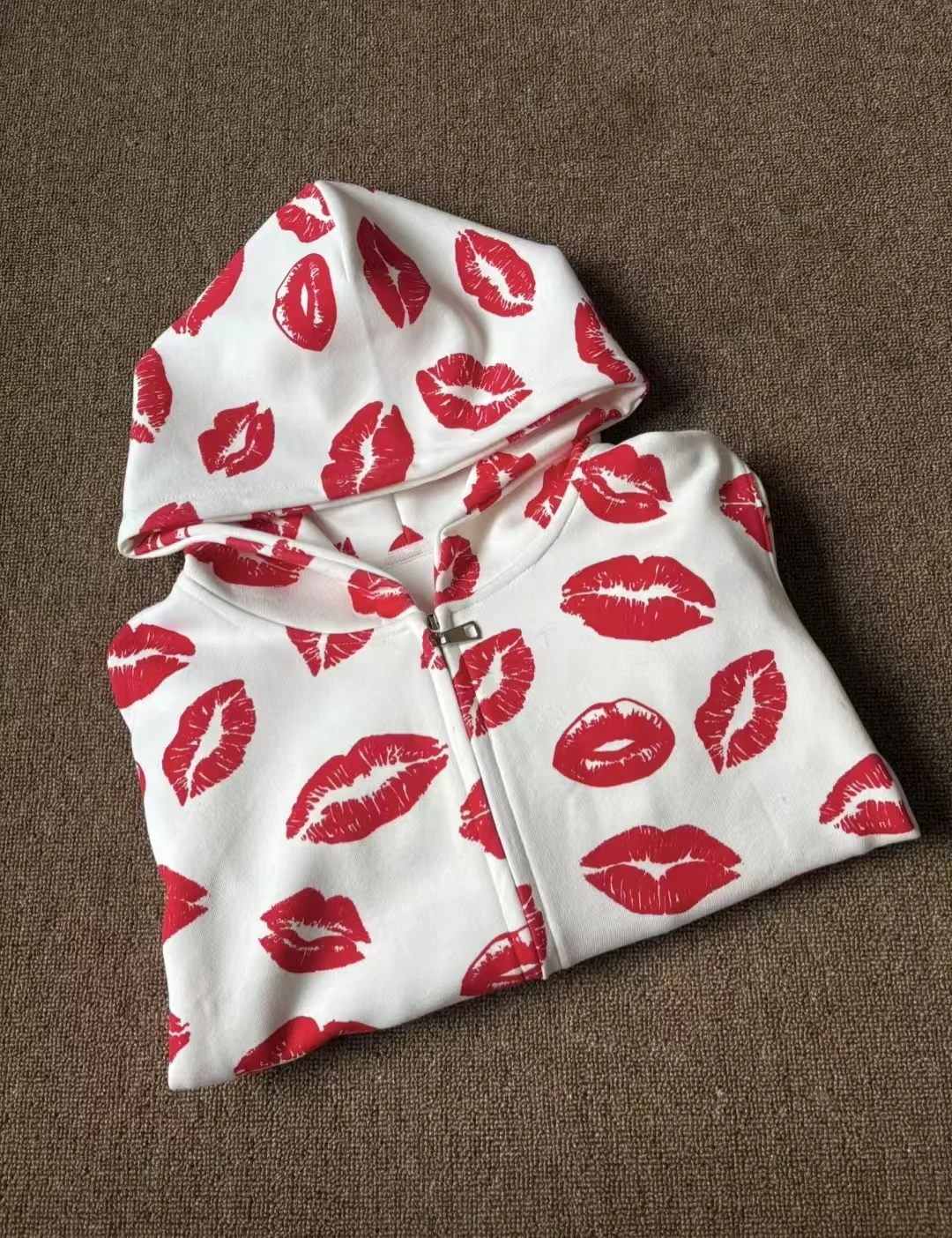 High Street Retro Red Lips Pattern Printed Short Zipper Hoodie Harajuku Punk Slimming Coat Autumn Winter Y2k Women Casual Hoodie