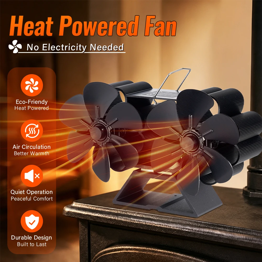 Quiet Dual Head 6 Blade Stove Fan Self Generating Heat Powered Fireplace Fan Anodized Aluminum Wood Burning Stove Accessories
