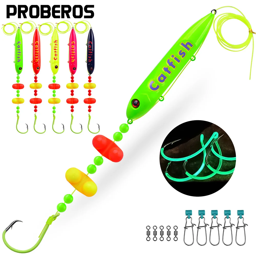 PROBEROS 5pcs Catfish Rig with Rattler & 3D Eyes-Premium Fishing Gear for Catfish 8/0 10/0 Hooks for Catfish in Freshwater Lake
