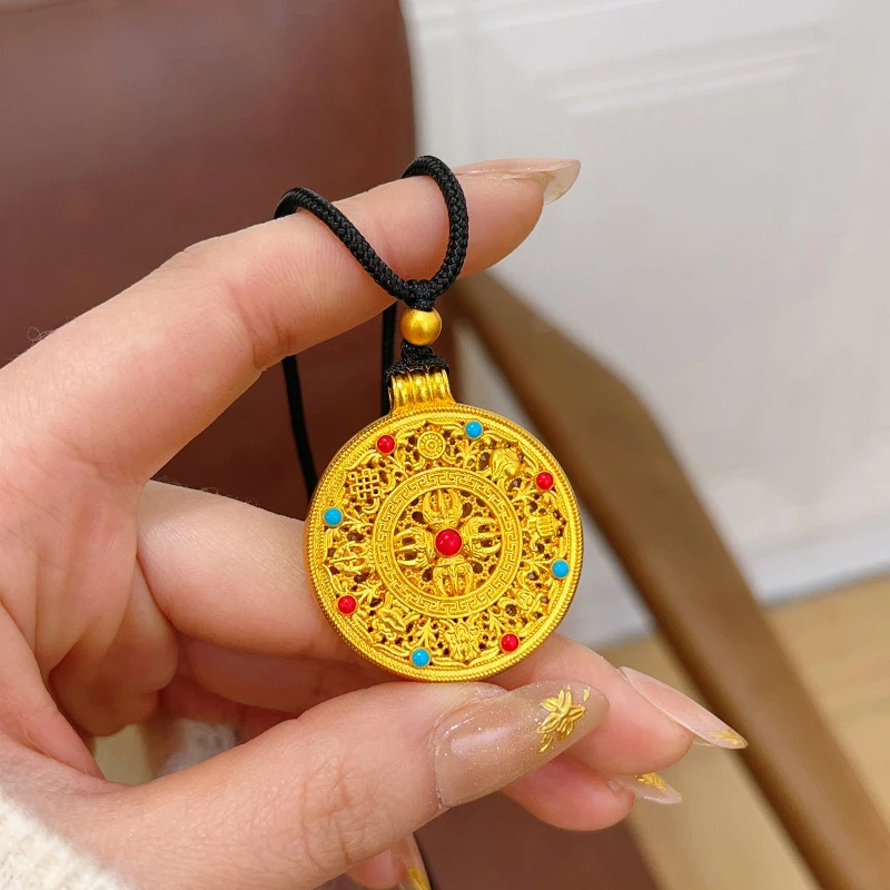 Luxury 100% Real 24K Gold Enamel Hollow Eight Treasures Compass Pendant Necklace For Women