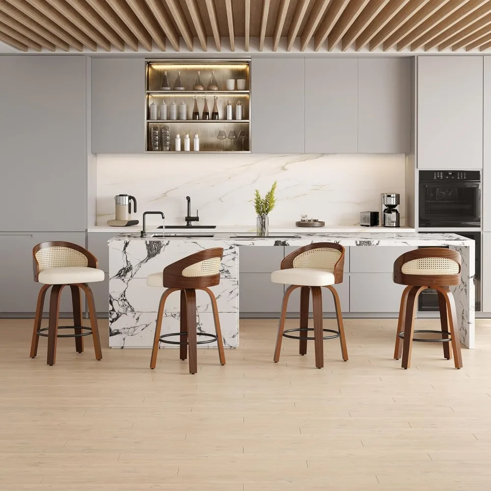 Juego de 2 taburetes de bar giratorios, estructura de madera moderna con respaldo de ratán, taburete de cuero pu para encimera de cocina, ba tapizado de mediados de siglo