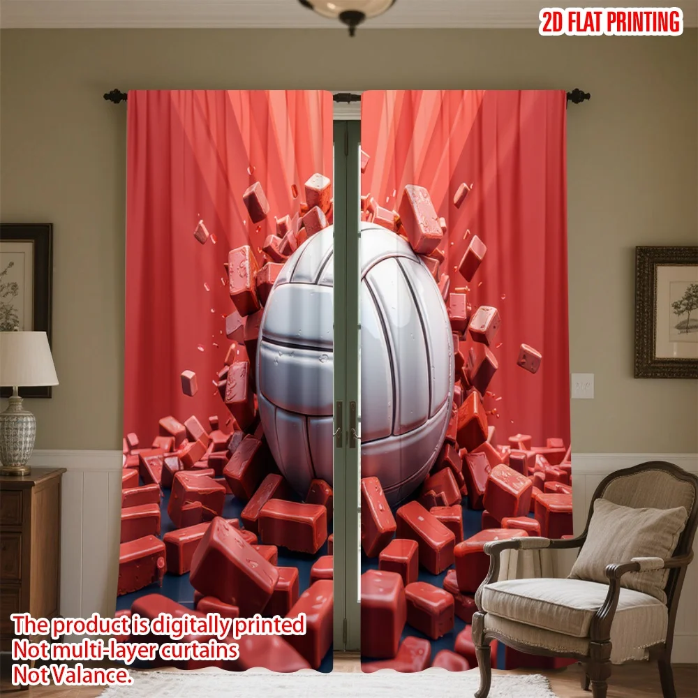 

2D flat printing 2pcs Curtains Volleyball Smashes Red Bricks Digital Printed Polyester Drapes Festive Holiday Perfect for Indoor