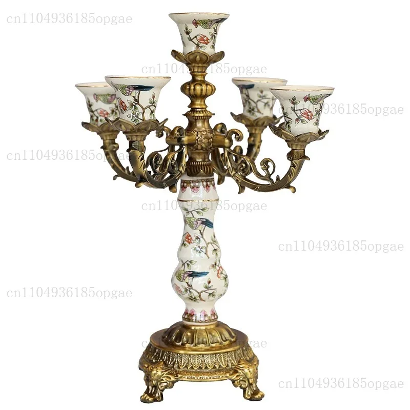 European luxury creative alloy ceramic five-head candle holder, American living room entrance dining table