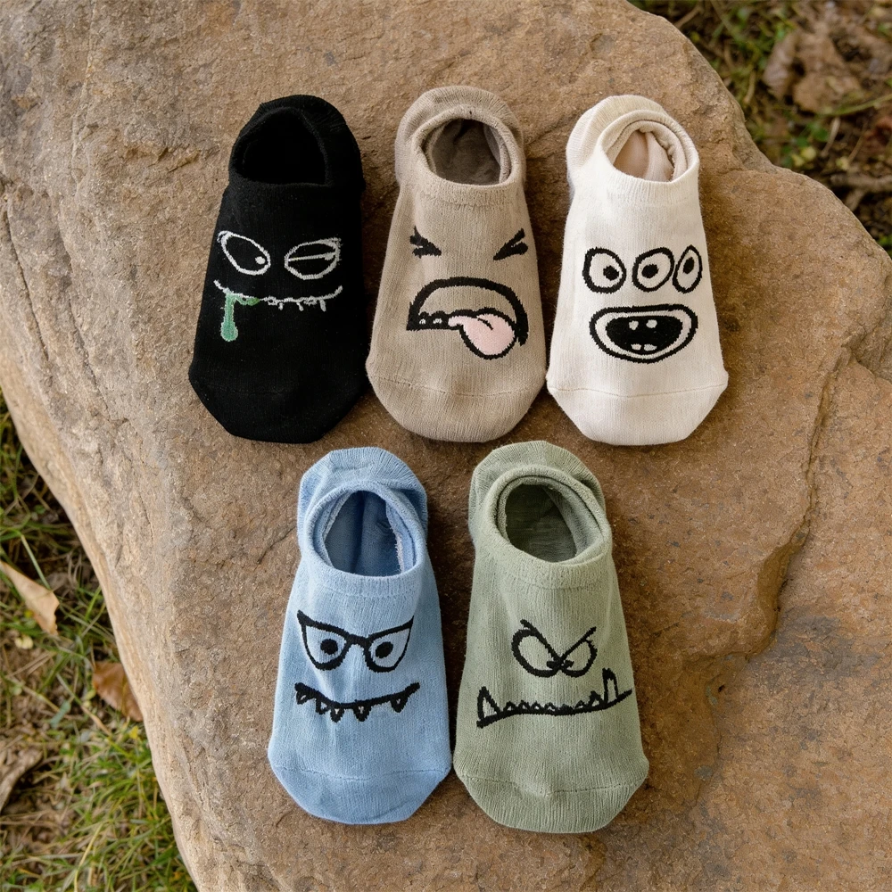 5 Pairs Y2K Style Fashion Funny Face Boat Socks Women Casual High Quality Daily Breathable Non-Slip Organic Cotton Sock
