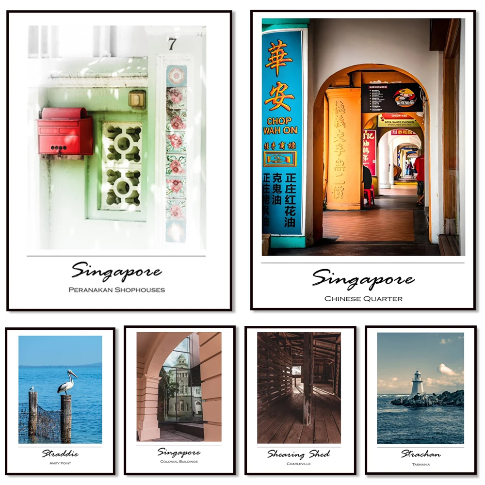 Singapore posters, Charleville Qld, Tasmania, Stratabrook Island, Peranakan shophouses, China region, tourist print posters