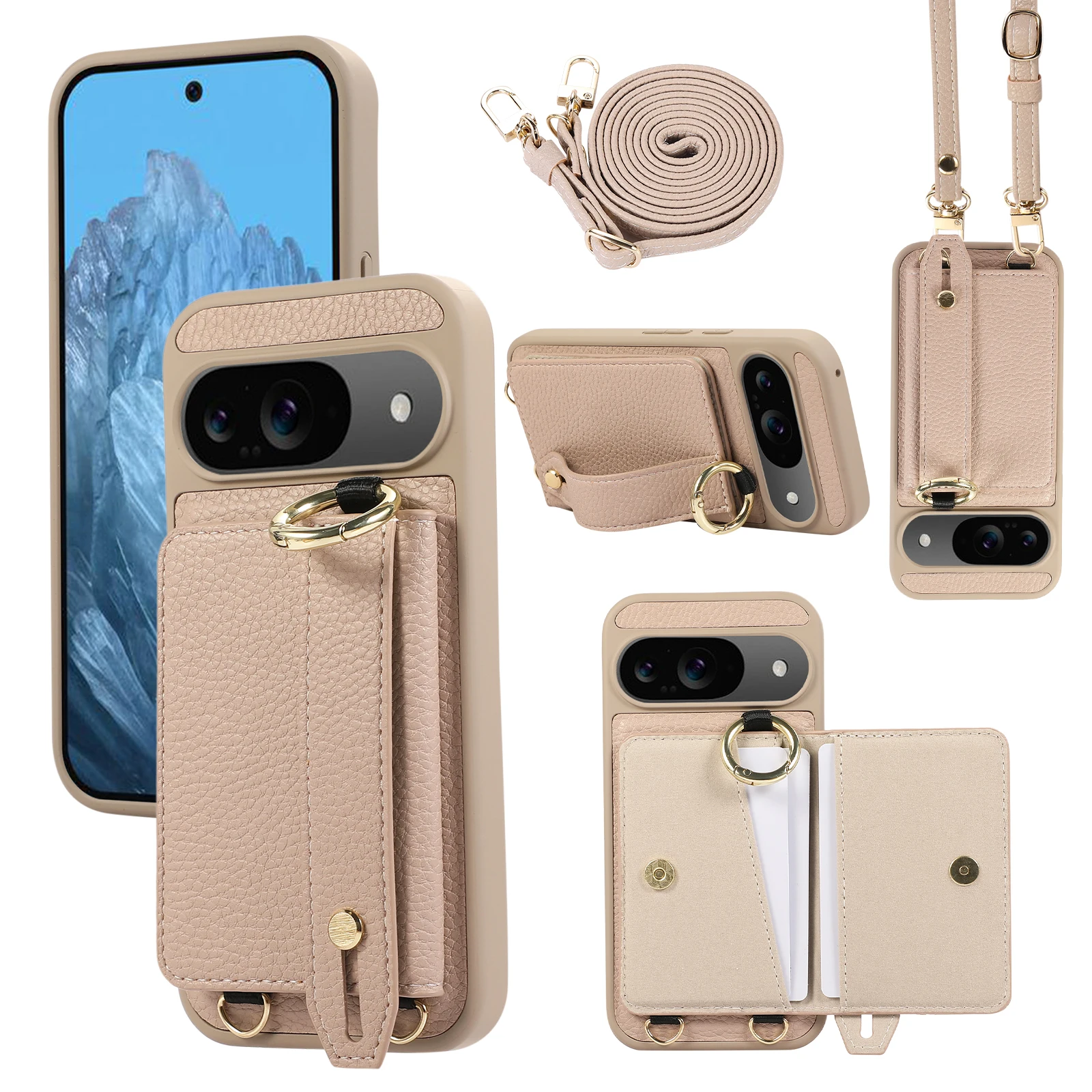 

Crossbody Shockproof Leather Hand Strap Card Holder Wallet Case For Google Pixel 9 Pro 8A 8, Ring Kickstand Phone Cover Fundas