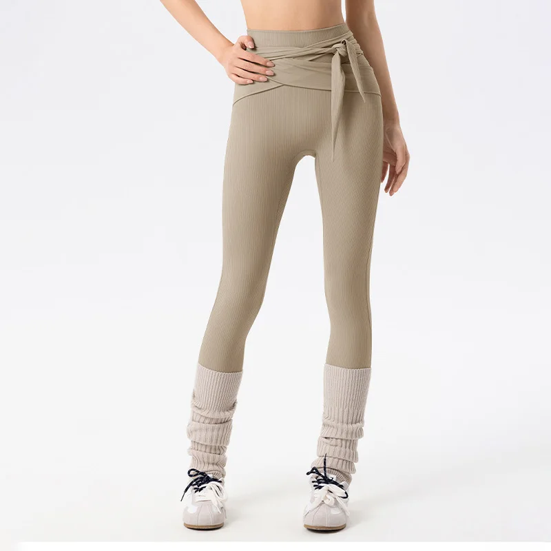 Women High Waisted Yoga Leggings Adult Breathable Gym Fitness Pants Personality Bandage Waist Classical Training Running Tights