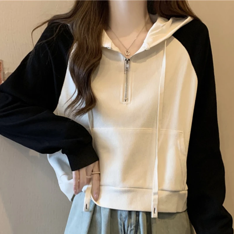 Spring Autumn Women Half Zippers Hoodie Loose Contrast Color Hooded Long Sleeve Tops Casual All-matched Female Clothes