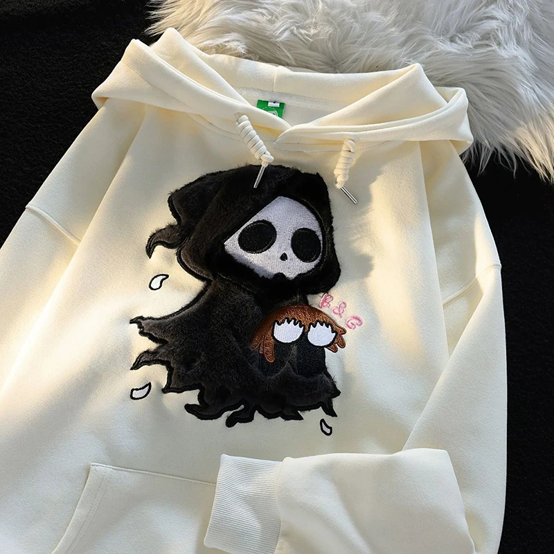 

Cute Ghost Graphics Men Long Sleeve Drawstring Hooded Sweatshirt Autumn Winter Funny All-match Preppy Style Couple Pullover Tops