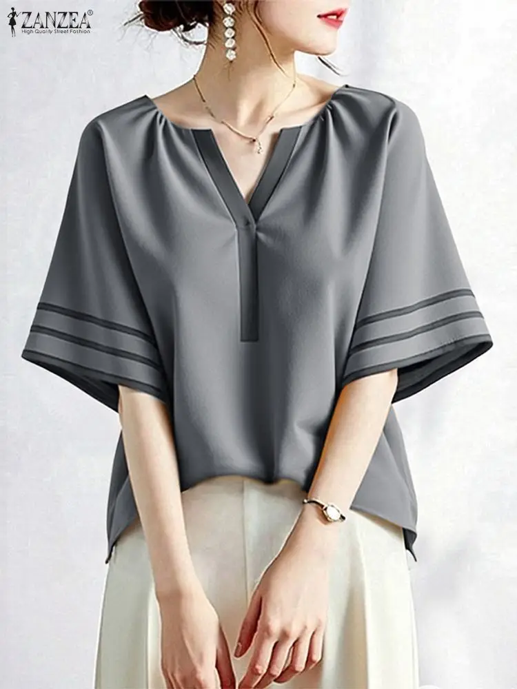 ZANZEA Modna Bluzka Damska Casualowa w Paski z Falbankami i Wstawkami, Koszula Jesienna 2025 z Rękawem 3/4, Dekolt w Serek, Luźna Bluzka Tunika do Pracy