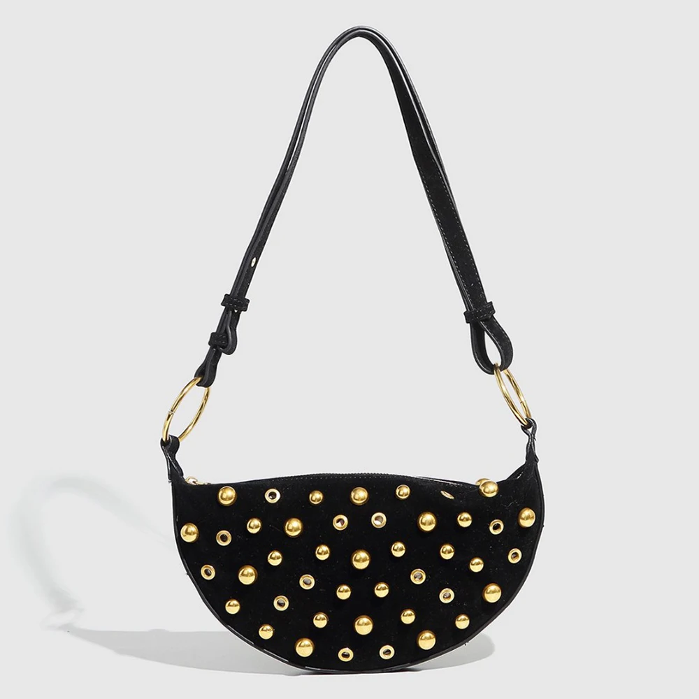 

Half Moon Rivet Crossbody Bags for Women Hollow Dot Studded Shoulder Bag Metal Underarm Designer Bag Crescent Handbags Purses