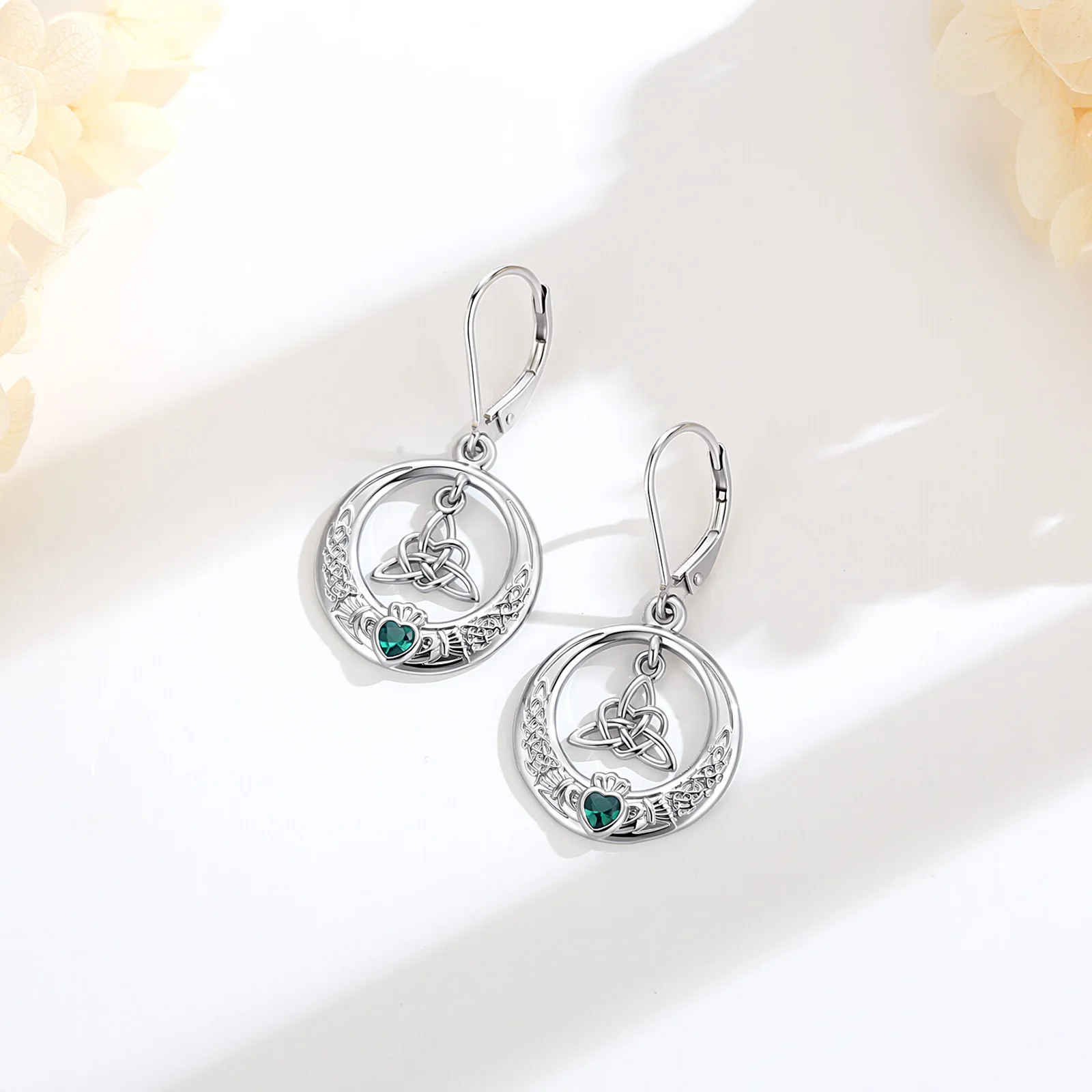 AEONSLOVE Celtic Claddagh Earrings Emerald Green Heart CZ Crown Trinity Knot Dangle Earrings Irish Lucky Jewelry Gift for Women