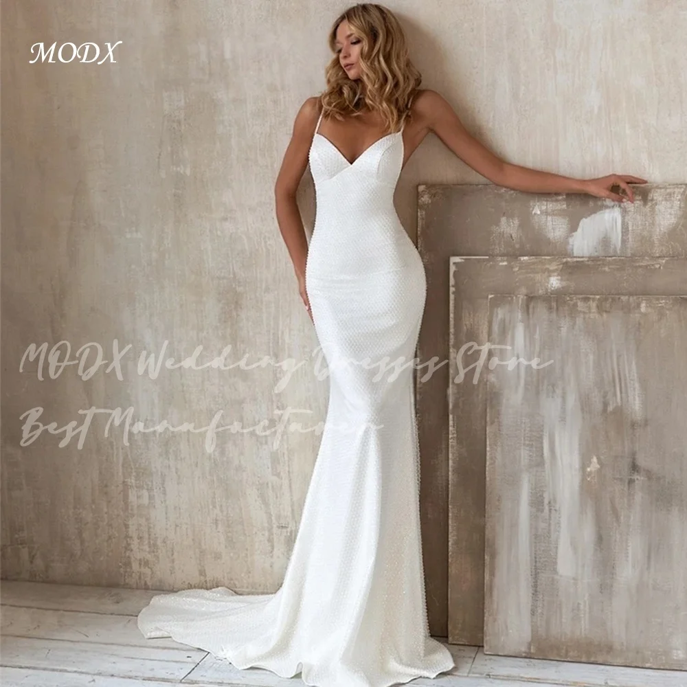 MODX Sophisticated European Wedding Dress Ivory Mermaid Gown Spaghetti Straps V-Neck Fitted Silhouette Bridal Dress