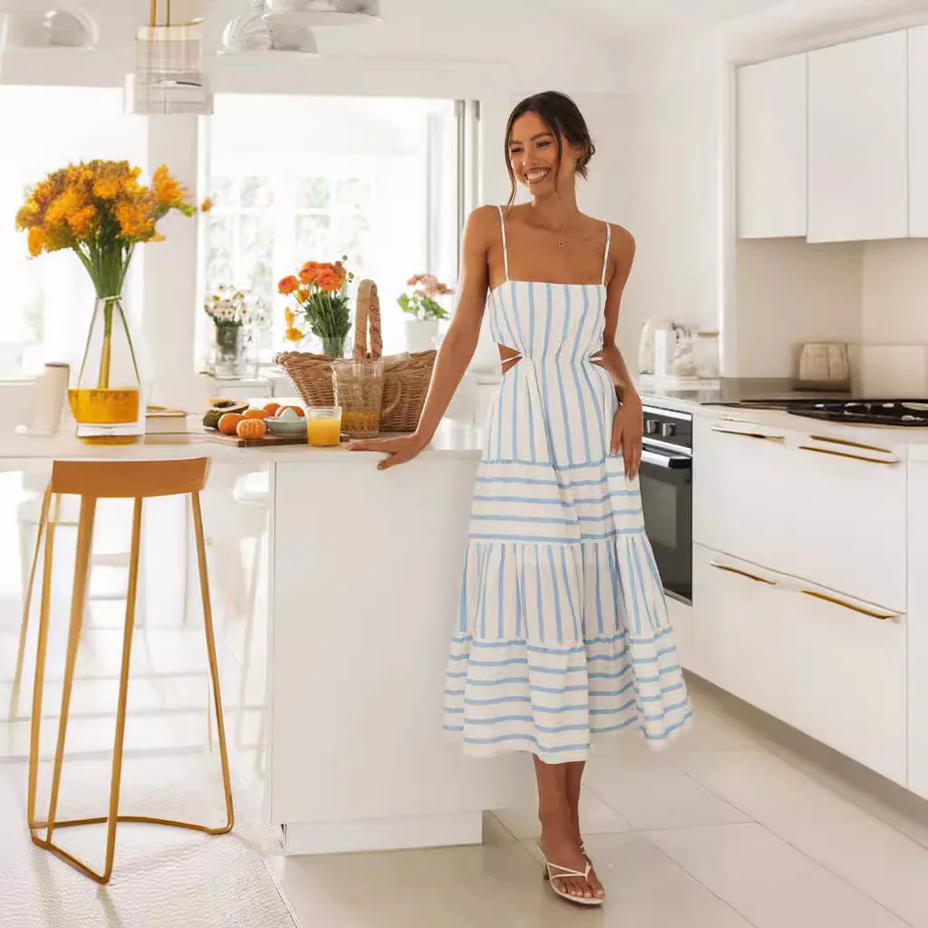 فستان صيفي طويل Strapl Dr للنساء متوسط الخصر على شكل حرف a من نسيج البوليستر الناعم بدون Sve قطعة واحدة ملفوفة Dr Commute Sle