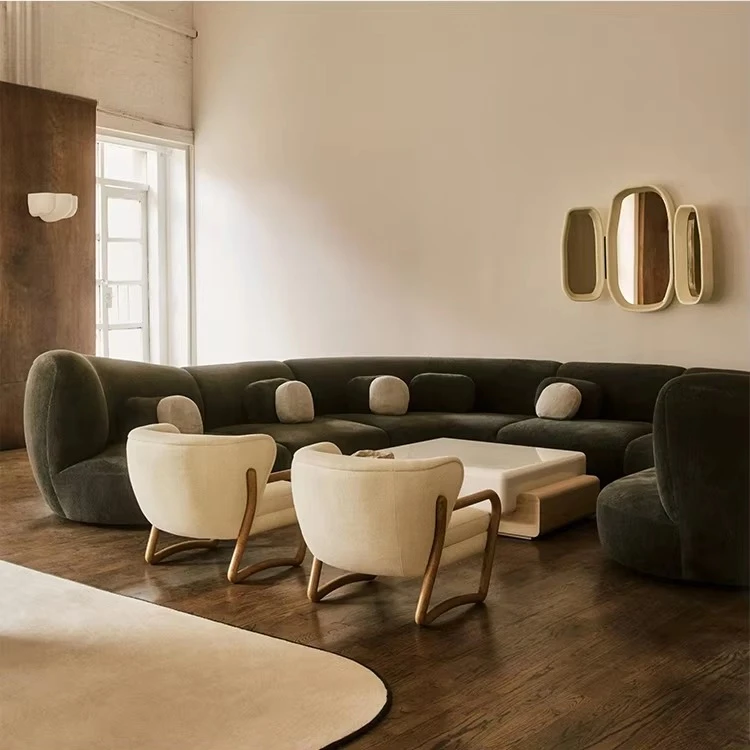 ye-Nordic Minimalist Two-tone Teddy Fleece Fabric Curved, Lambskin Combination Luxury Sofa, Living Room Corner Sofa Furniture-
