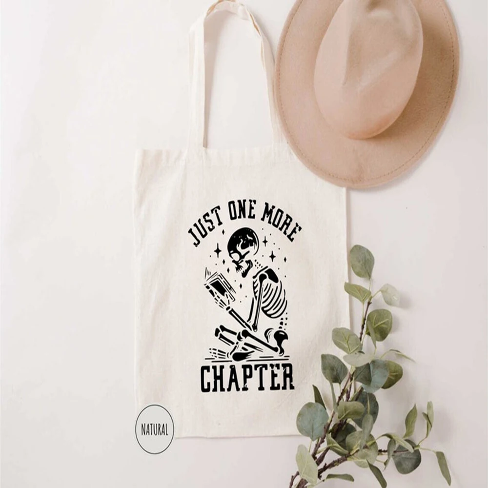 

Funny Print Canvas Shoulder Bag Just One More Chapter Book Lover Gift for Reader Literary Accessory Idea Bookworm Tote Bag