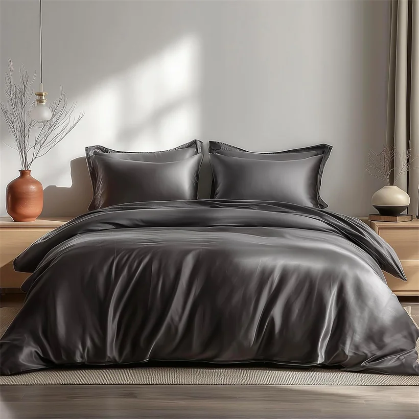 Mulberry Silk Bedding Set with Duvet Cover Flat Bed Sheet Pillowcase Natural 100% Silk Duvet Cover Set Twin Full King Queen Size