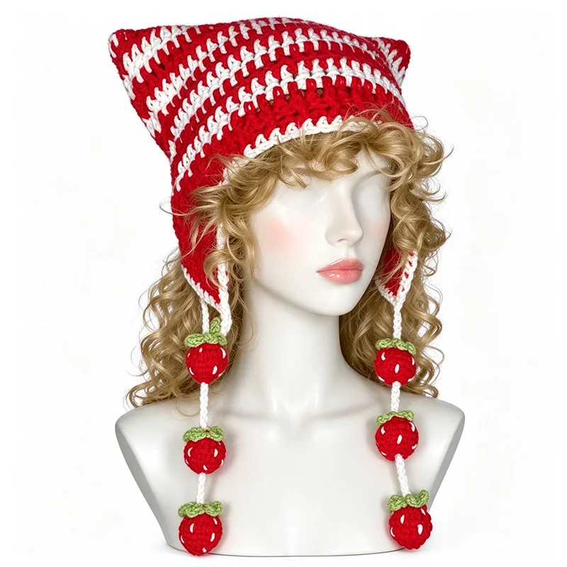 Handmade Colorful Cat Ear Hat Women Custom Crochet Striped Strawberry Knitted Beanie Girls Kawaii Sweet Casual Earflap Cap Lady