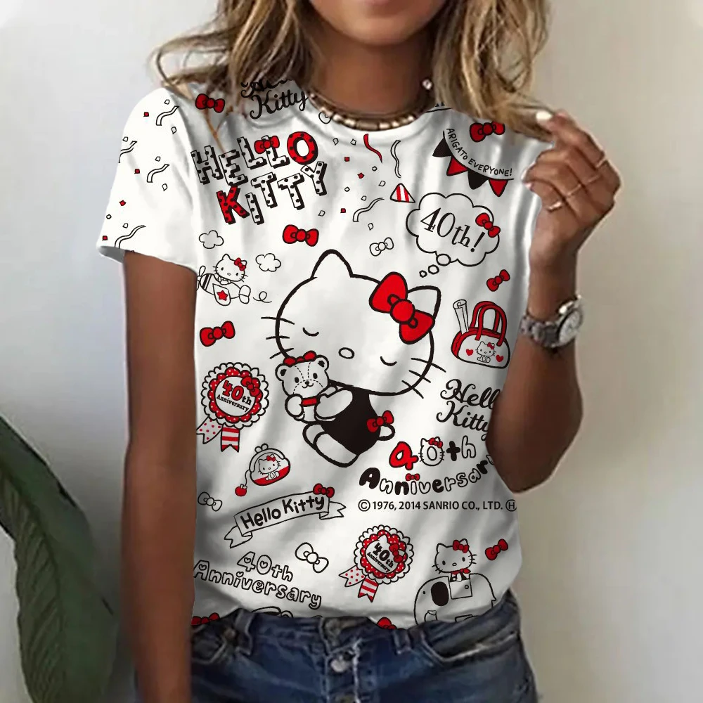 Comfortable Casual Women\'s Clothing Black Top Girl Women\'s T-shirt Casual Kawaii Hello Kitty Cartoon Pattern Print Tshirt