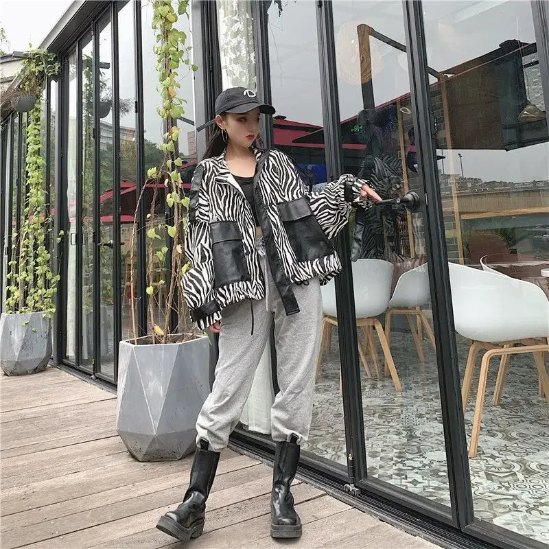 Women's Zebra Print Patchwork Leather Jacket, Bat Type, Loose Coats, Big Pocket, Personality, Spring and Autumn Clothes, Korean