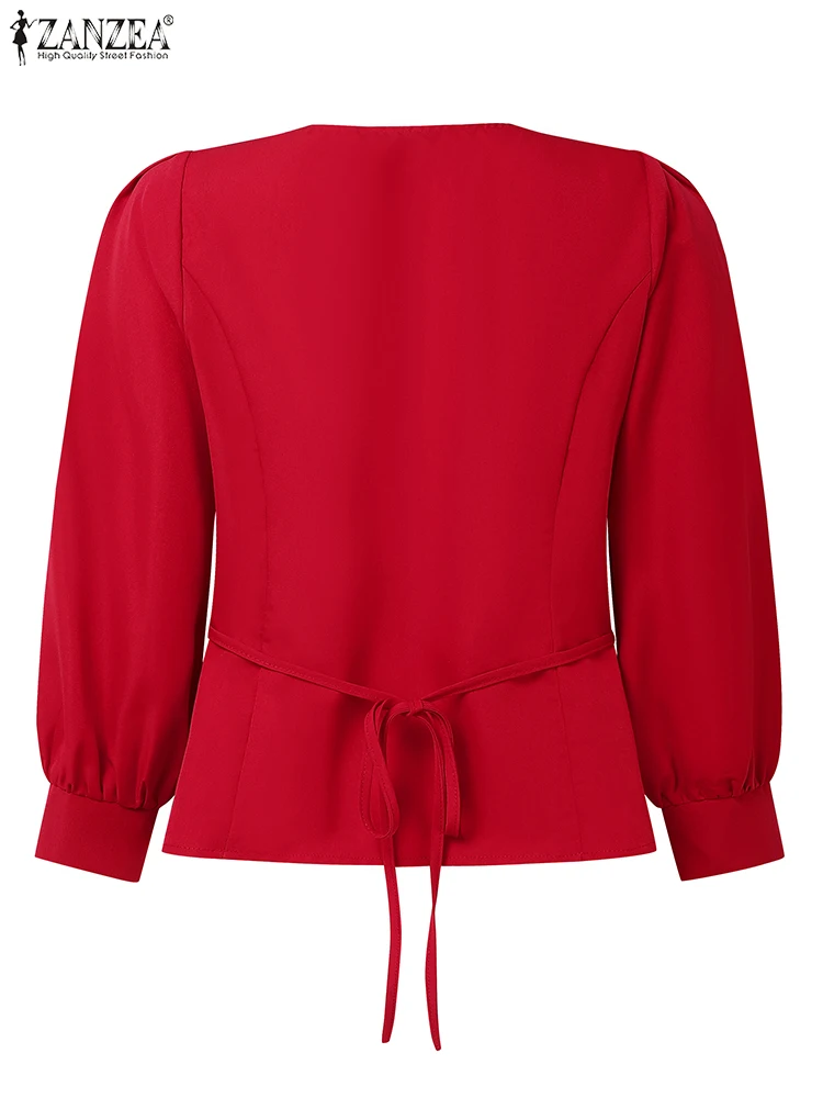 ZANZEA Women Shirts Elegant Office Tops 3/4 Sleeve Blusas Solid Color Summer Square Neck Tunics 2025 Casual Cardigans Female