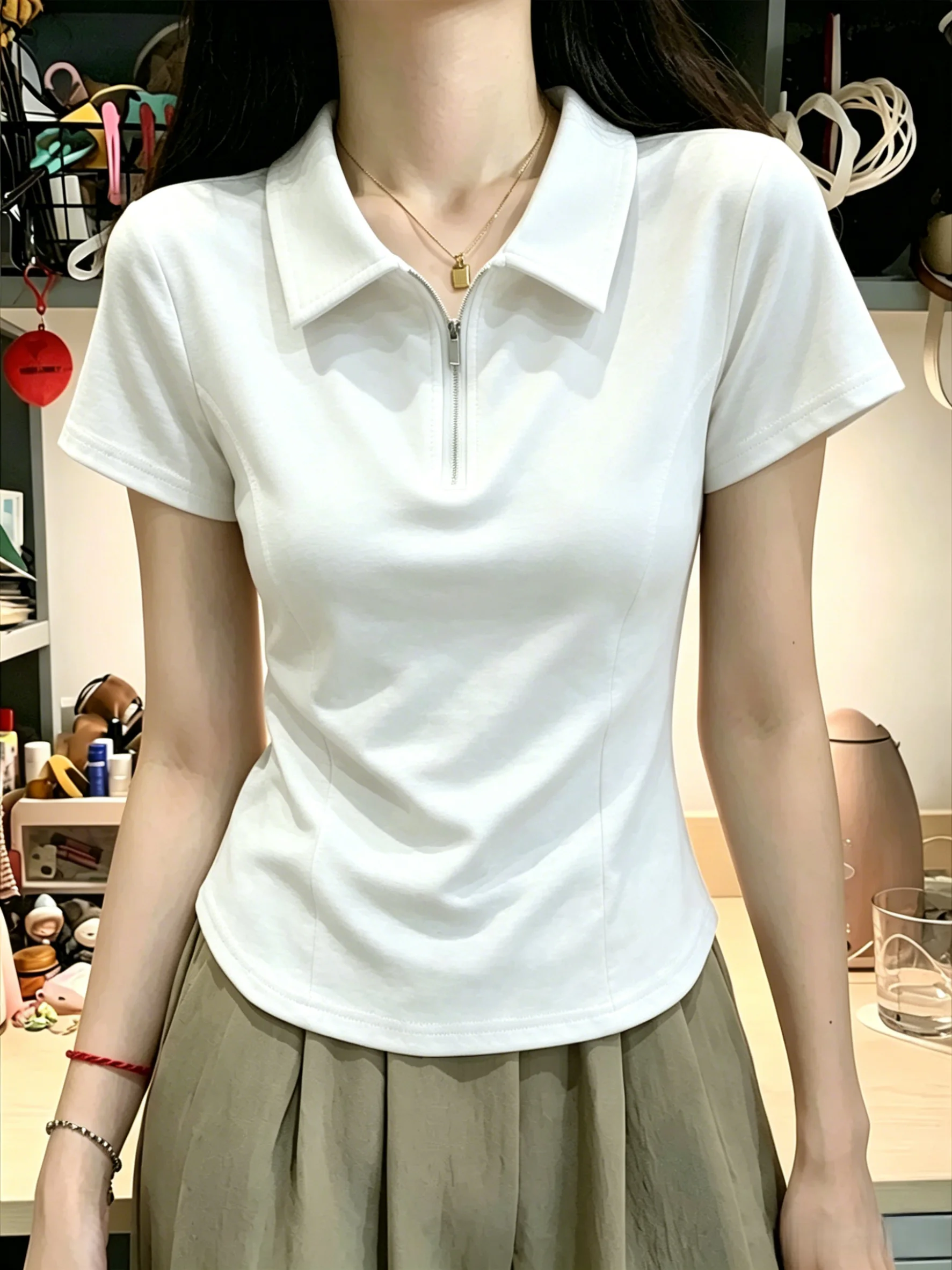 Summer 2026 plus Size  Neck Zipper Short Sleeve T-Shirt 95 Cotton Shoulder Width Regular Fit Women's Casual Wear