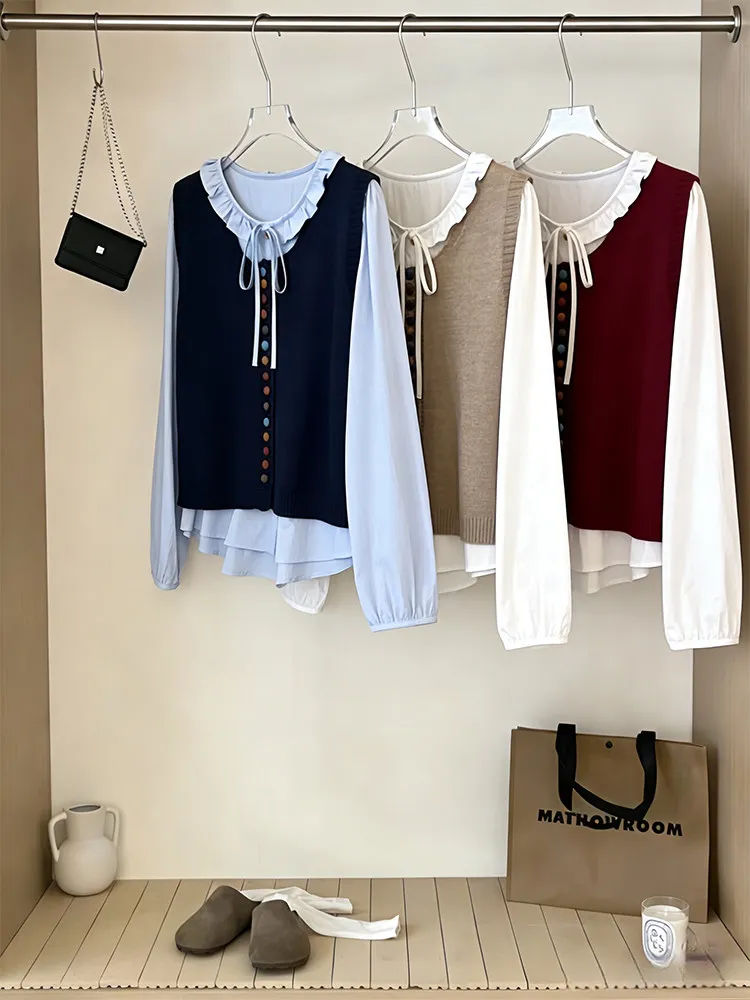 

Retro Korean Sle Women's irt with Wood ain Design Color Blo Decorative Button Loose Fit Spring Upper Body