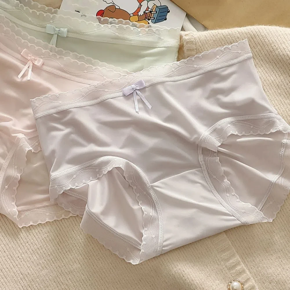 

5PCS Bow Ice Silk Panties Seamless Cotton Crotch Mesh Transparent Briefs Mid Waist Underpants Underwear for Women Ladies