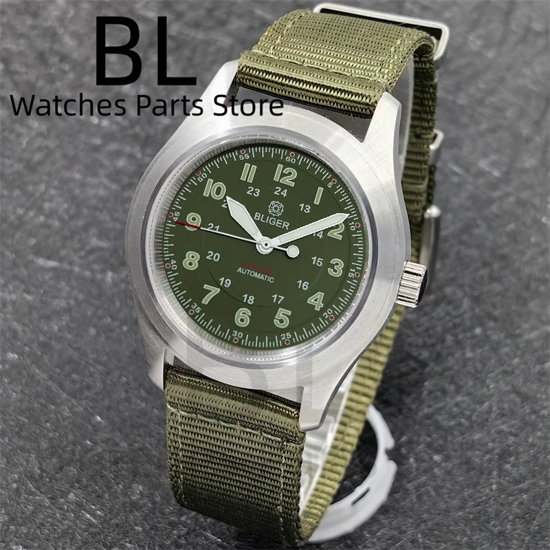 BLIGER Olive Green Men's Watch 36mm/39mm Vintage Dive Pilot Watch Stainless Steel NH35 Automatic Sapphire Glass Green Luminous