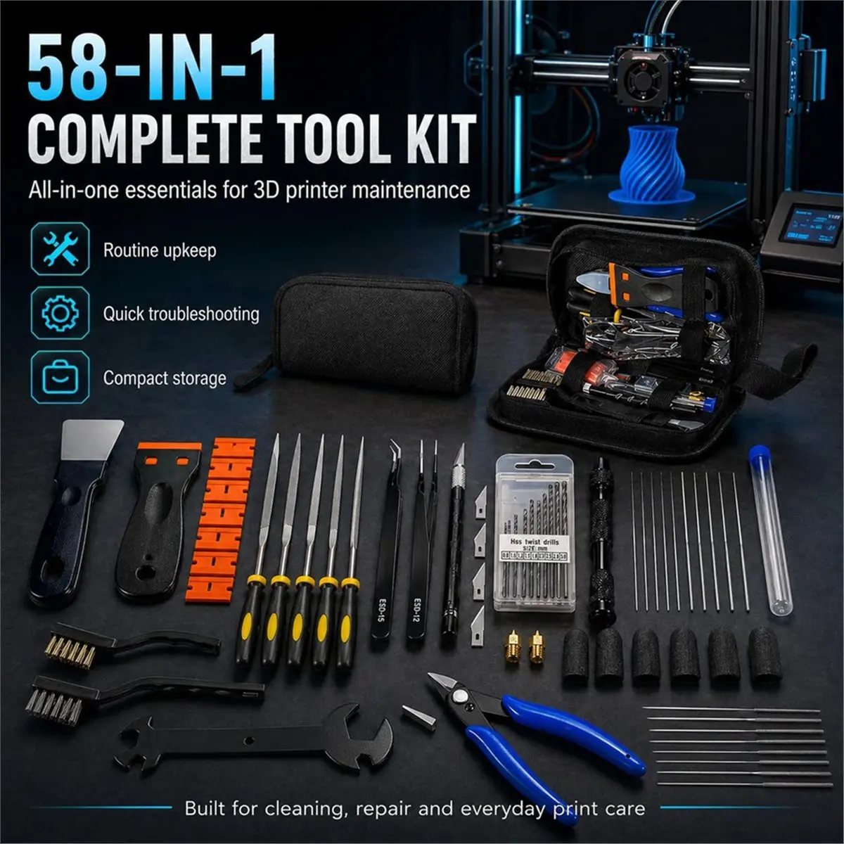 3D Printer Tool Kit Accessories - 58 Pcs Solve 99% Print Failures Clean Maint for All Printers