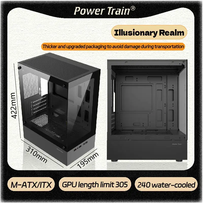 

Чехол для ПК Power Train Illusionary Realm MATX без колонки, комната с видом на море, большие окна, поддержка 240, настольный мини-чехол с водяным охлаждением