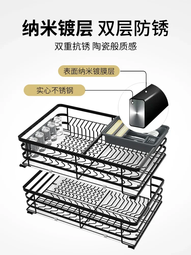 Kitchen Storage Accessories Pull Basket Kitchen Cabinet 304 Stainless Steel Double Drawer Bowl Rack Kitchen Cabinet Pull Basket