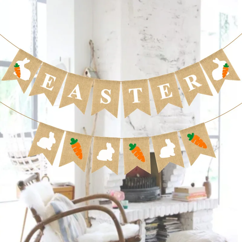 Easter Party Fish Tail Flag Carrot Rabbit EASTER Swallow Tail Flag Carrot rabbit Linen Flag Party Decoration Home Decoration